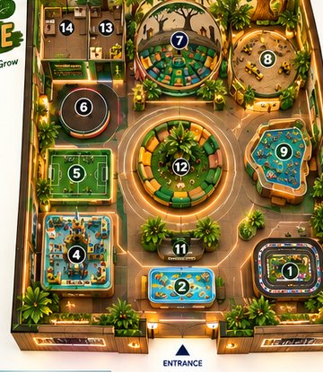 Overhead view of the RoboVerse Arena layout with planting and wood finishes